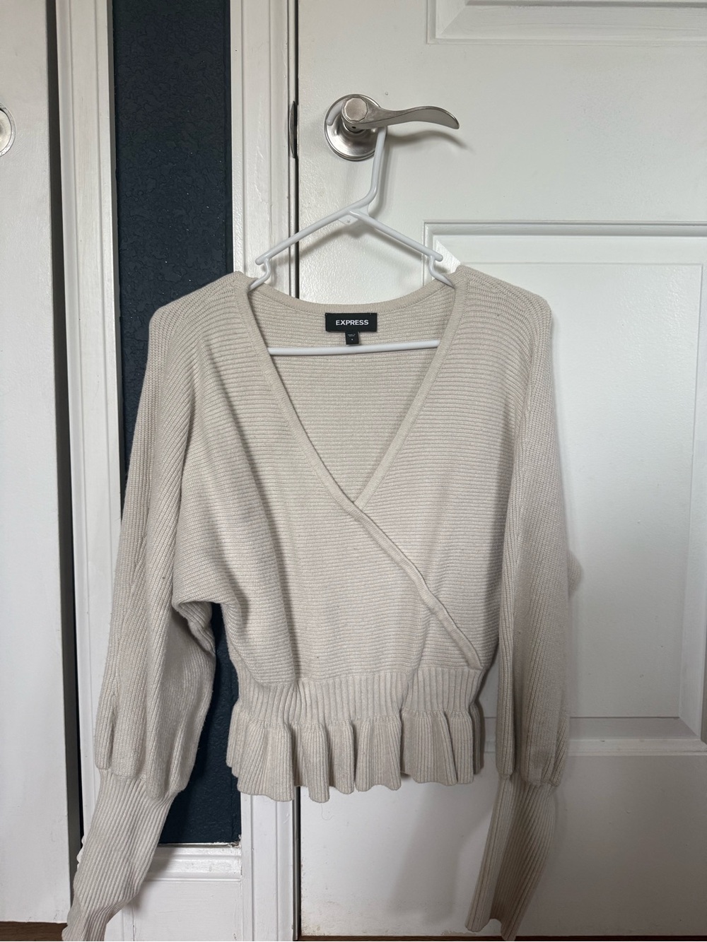 Express Beige Wrap V-Neck Ribbed Sweater with Ruffle Hem